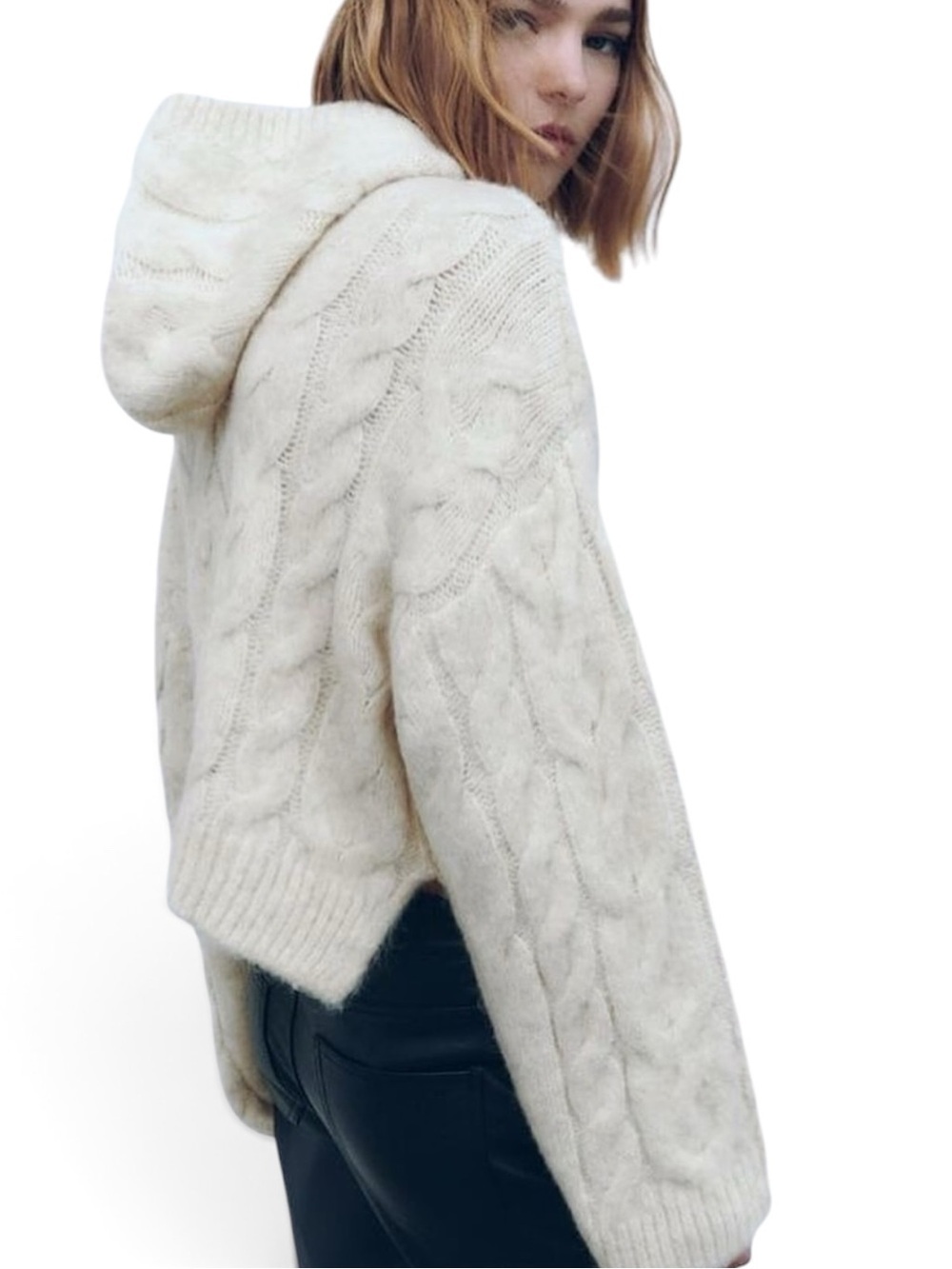 Zara Hooded Cable Knit Sweater Cream M NWOT